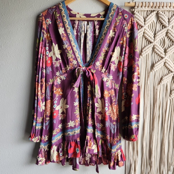 Free People Dresses & Skirts - Free People Purple Floral Mini Dress | Long Sleeve Tie Front Boho | Size 4